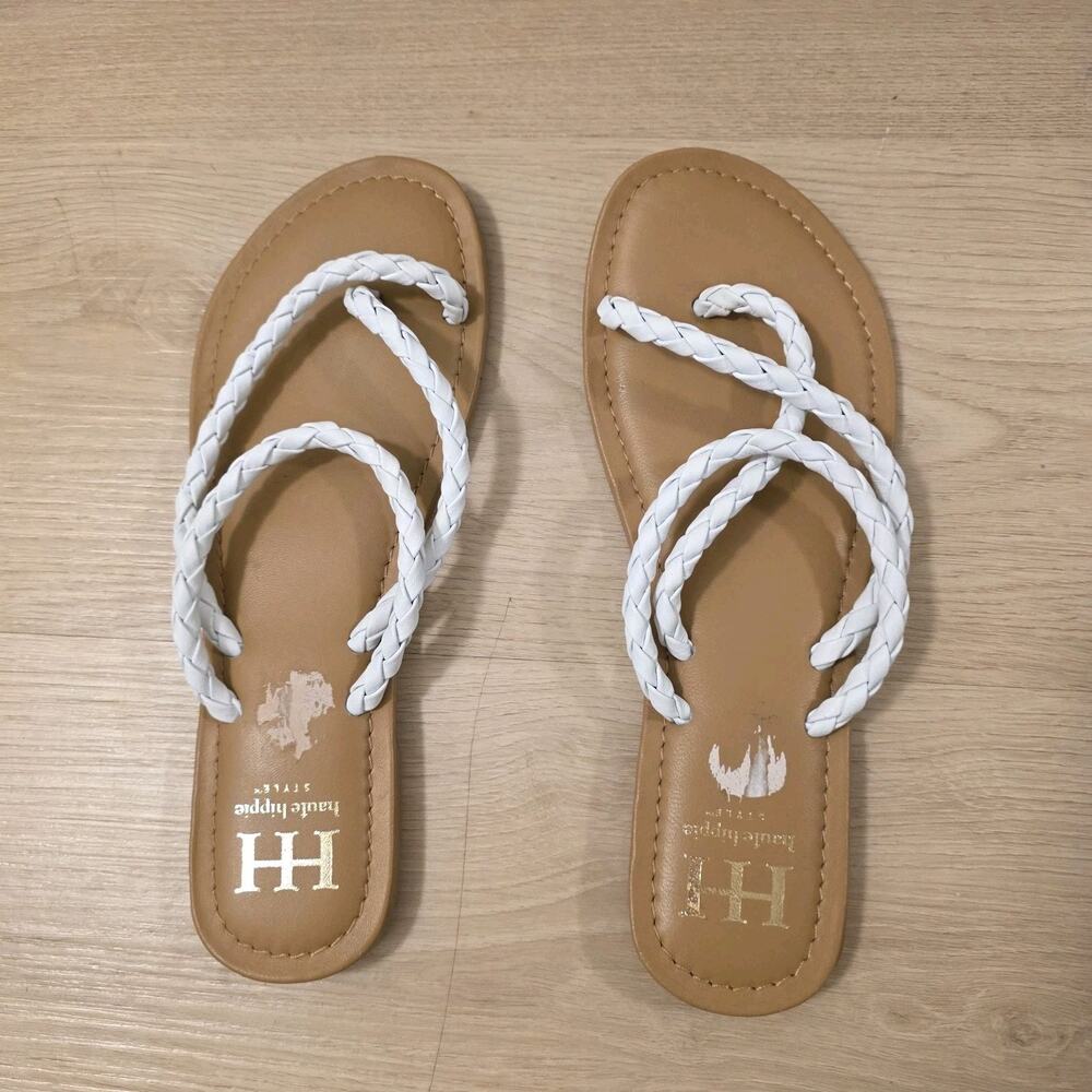 Haute Hippie White Tan Braided Leather Slip On Summer Beachy Sandals‎ Size 8.5
